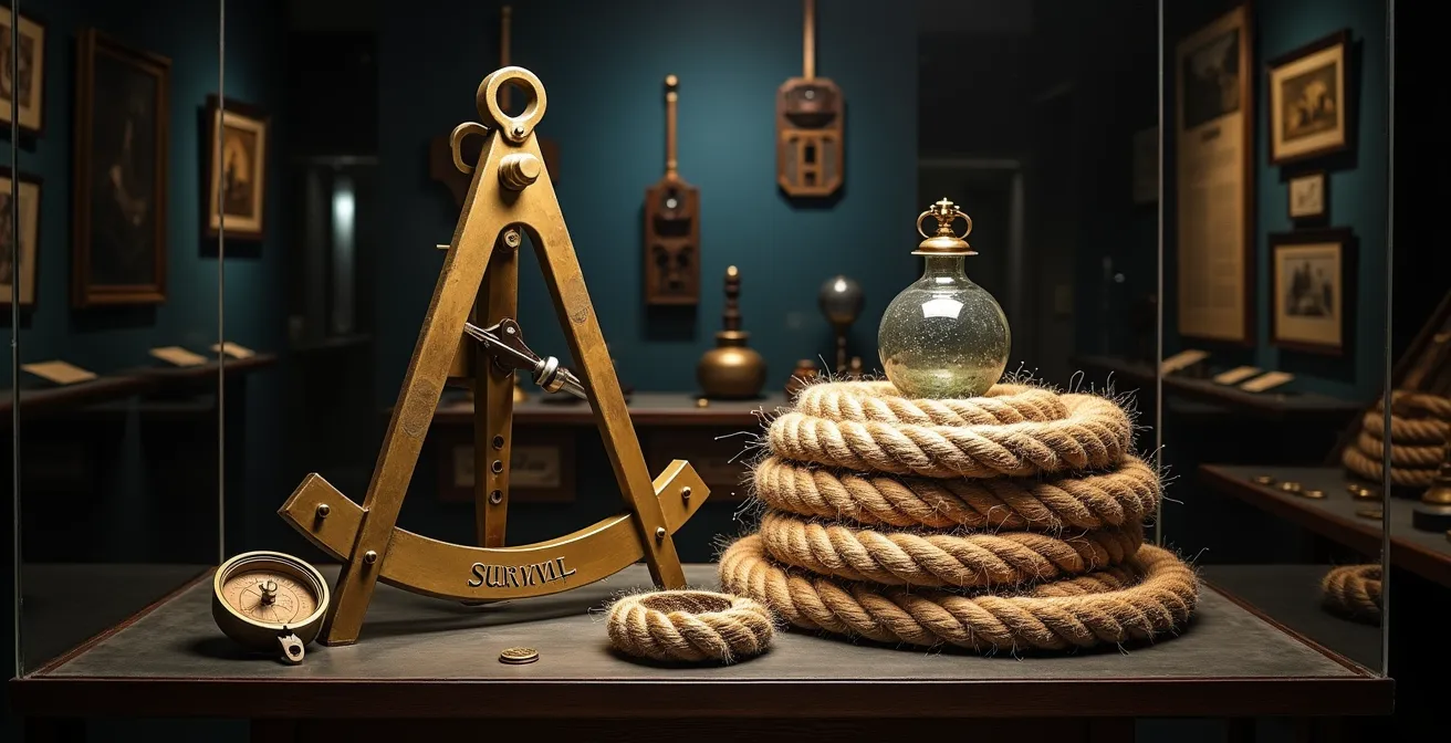 Museum interior showcasing vintage maritime artifacts including brass compass and weathered rope in dramatic lighting