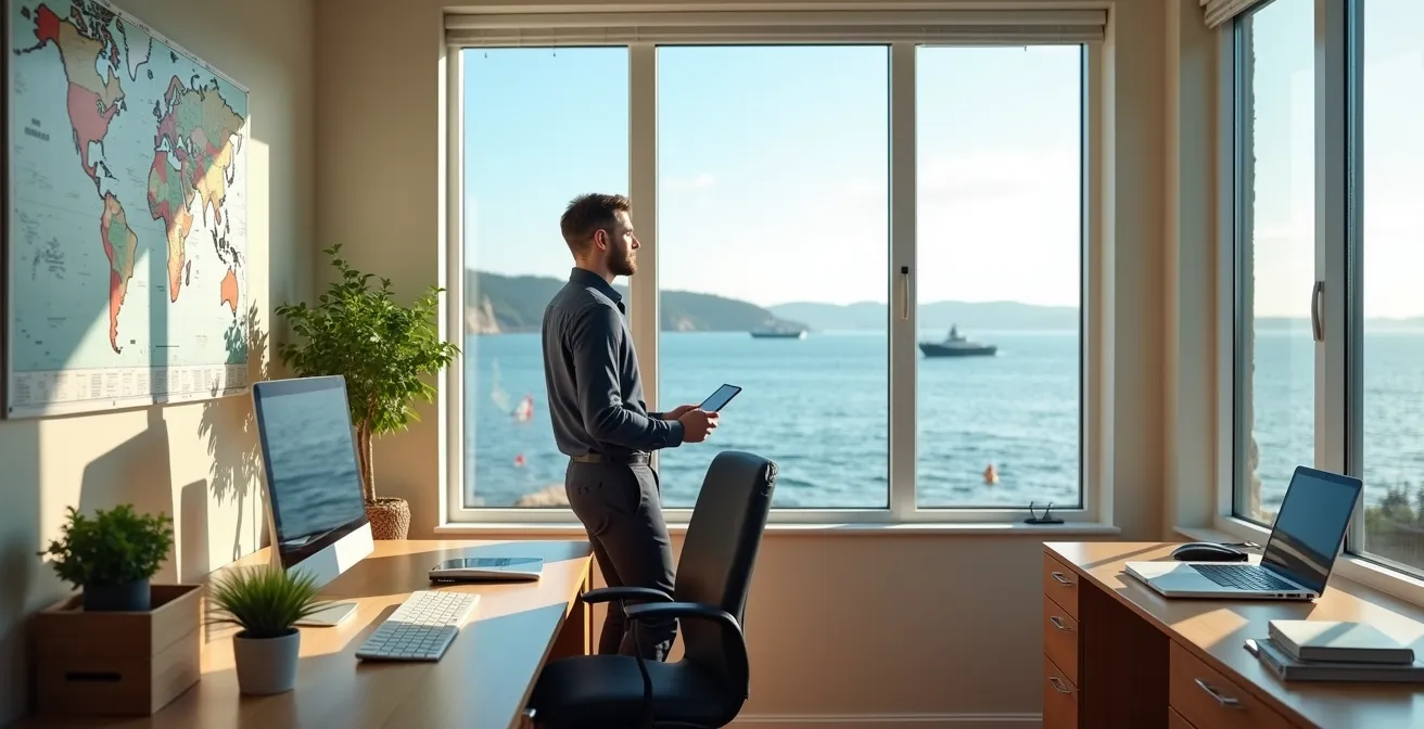 Professional working remotely from bright home office with Atlantic ocean view through large windows