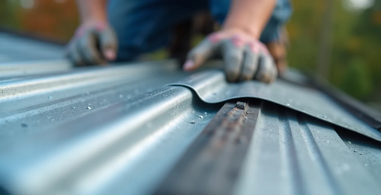 Close-up detail of standing seam metal roof panel installation showing proper alignment and clip system