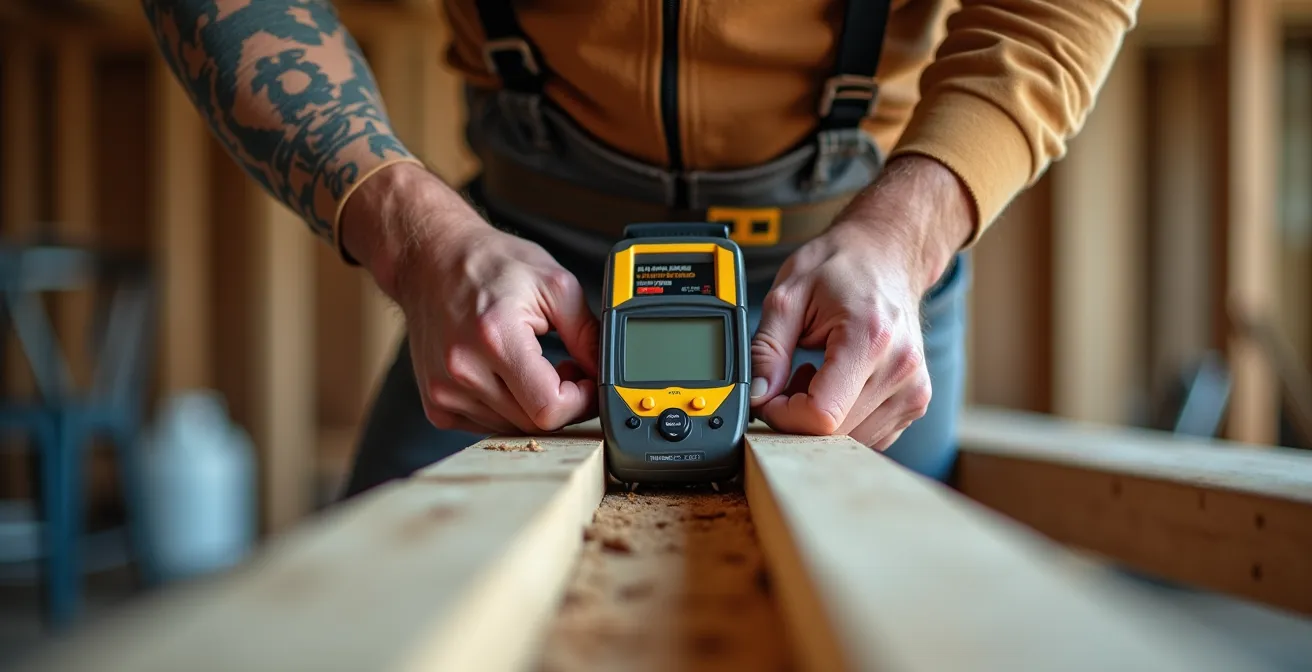 Close-up of professional inspector examining wall beam structure with testing equipment in Montreal home interior