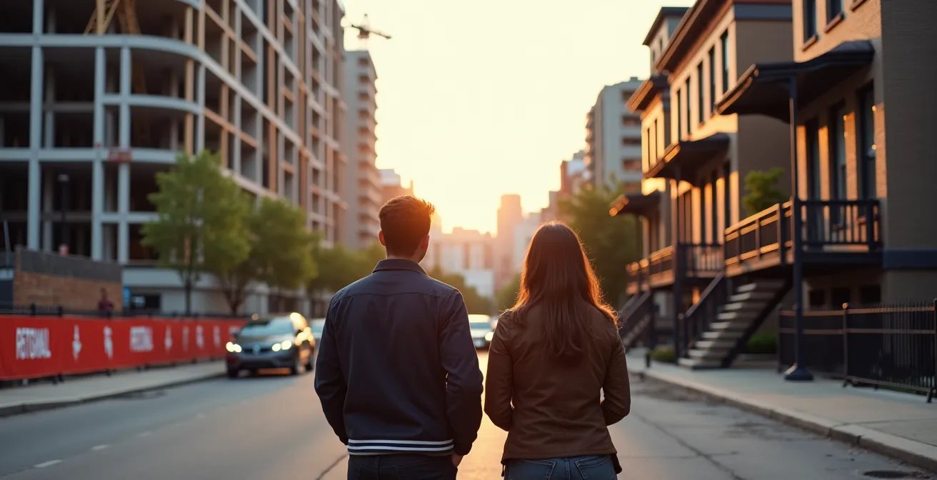 Split view of construction site with cranes next to completed Montreal townhouse, buyers comparing options