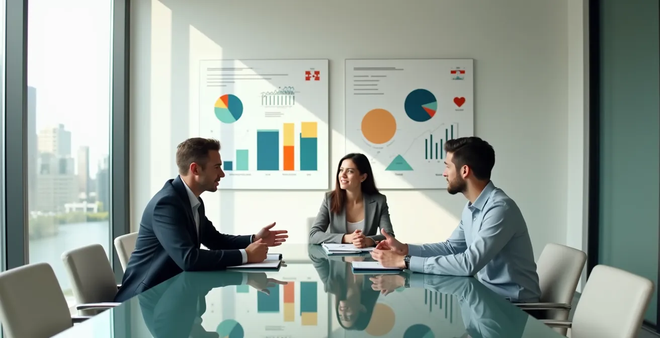 Professional mortgage broker presenting alternative lending options to couple in Canadian office setting