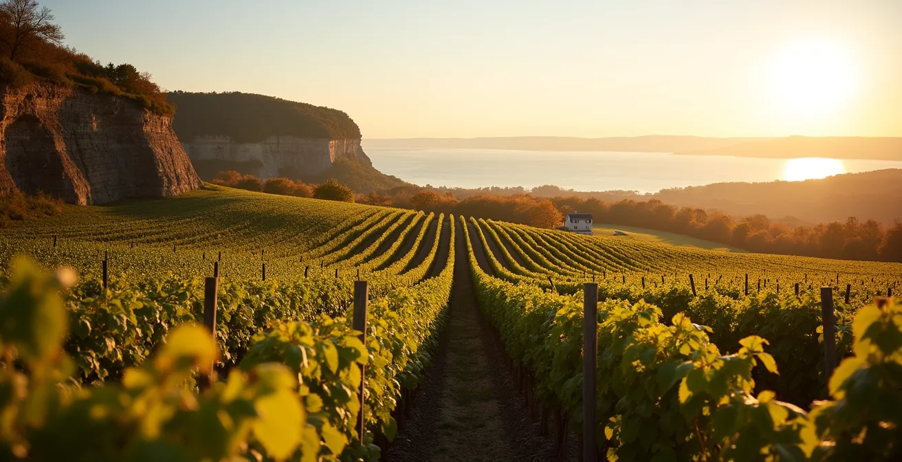 Panoramic view of Niagara Benchlands vineyards with escarpment at sunset