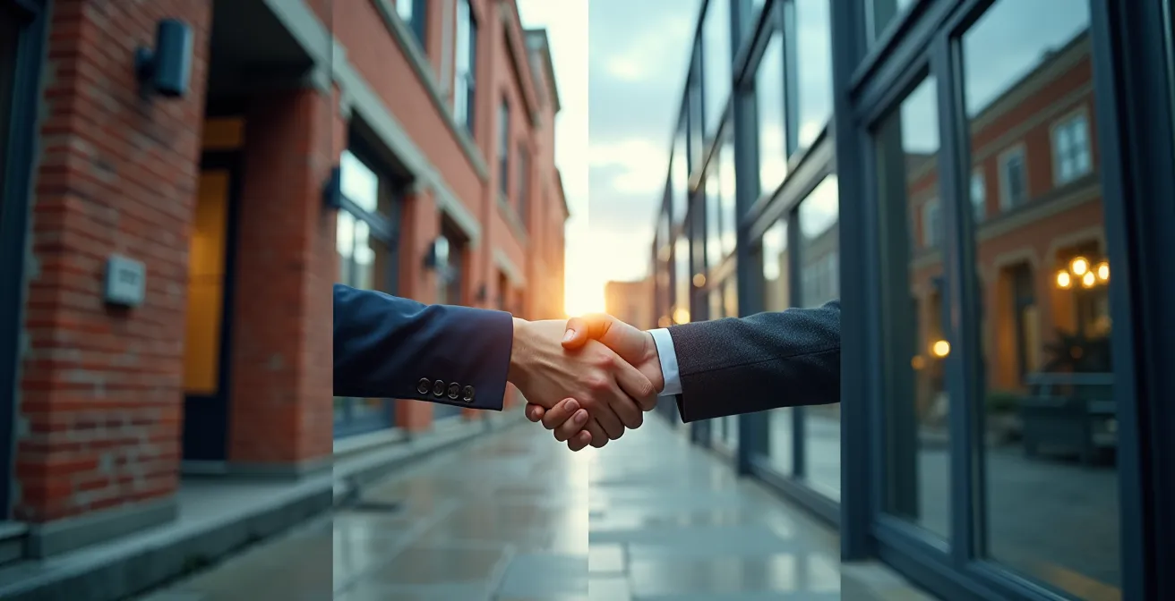 Split view of Quebec notary office and Ontario law firm environments