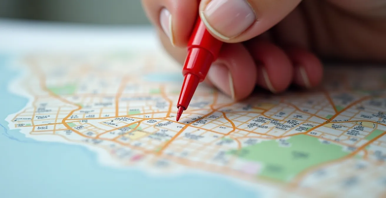 Close-up of hands marking school district boundaries on a detailed neighborhood map