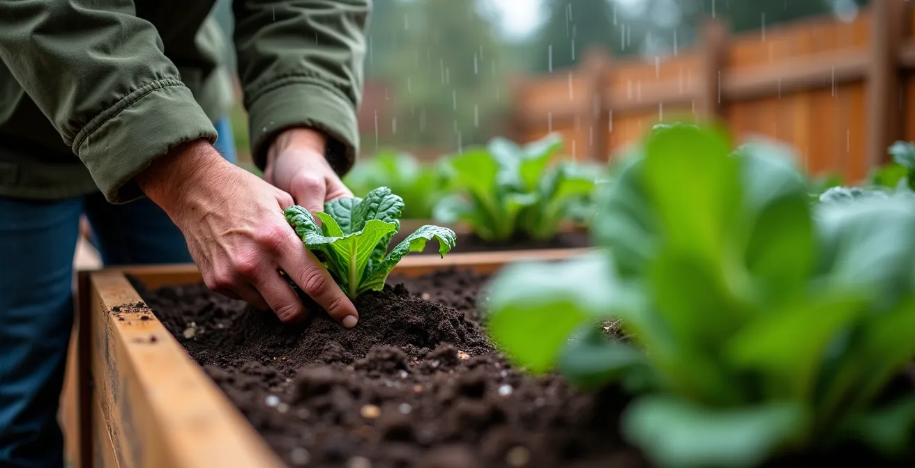 Raised cedar garden beds with cold frames in a misty coastal garden