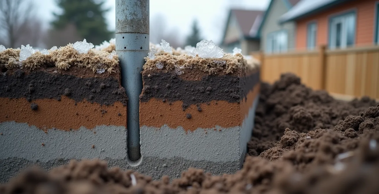 Cross-section view of proper pergola footing installation below frost line