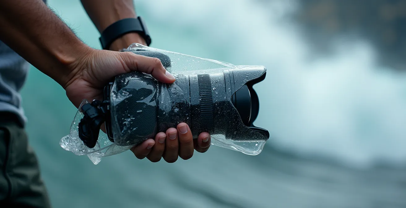 Photographer with weather-sealed camera under clear protective cover photographing massive waves