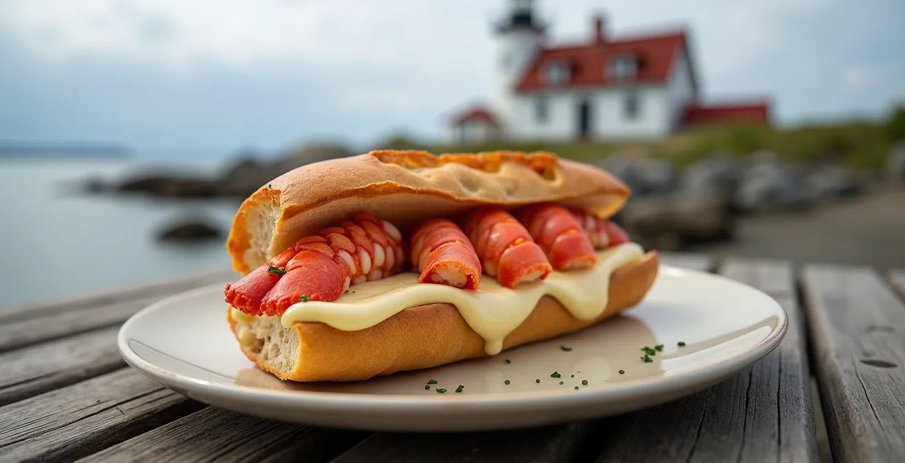 Traditional Quebec coastal lobster shack near historic lighthouse on Saint Lawrence River