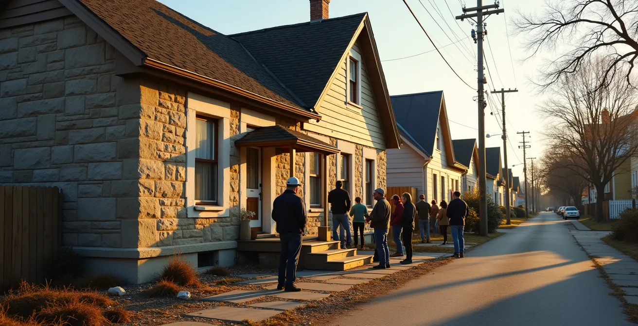 Diverse group of neighbors collaborating on heritage home restoration project in Quebec
