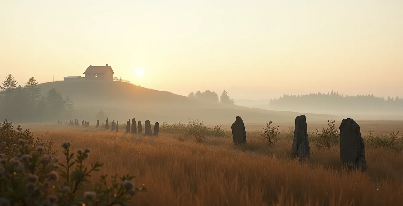 Wide landscape view of Quebec farmland with traditional Indigenous agricultural markers and sacred sites visible on the horizon