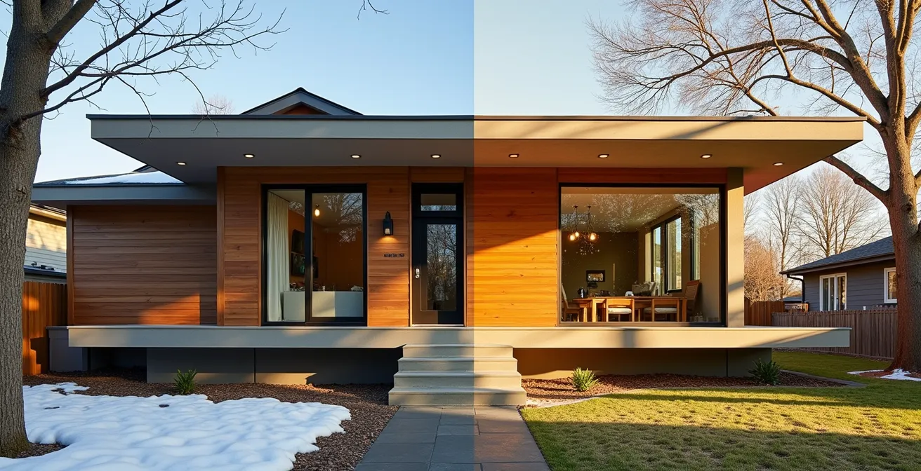 Architectural diagram showing seasonal sun angles on a Canadian home with calculated roof overhang