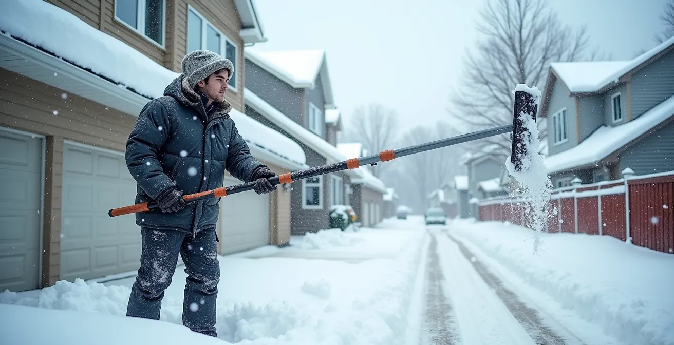 Person using telescopic snow rake to clear roof from ground level in Canadian winter