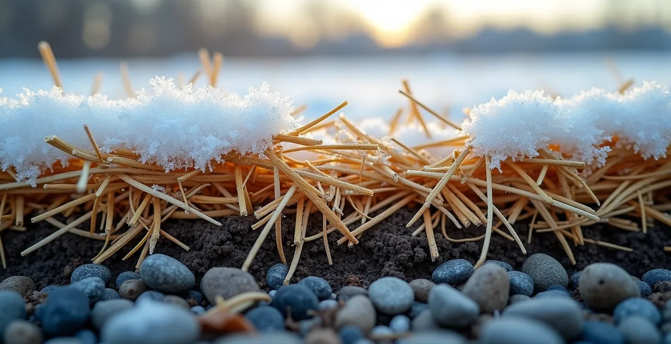 Cross-section view of a septic field in winter showing proper insulation with straw covering and marked boundaries to prevent vehicle compaction