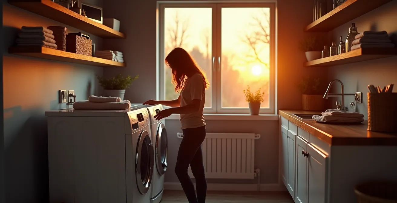 Modern laundry room with washer and dryer during evening hours showcasing energy-efficient timing