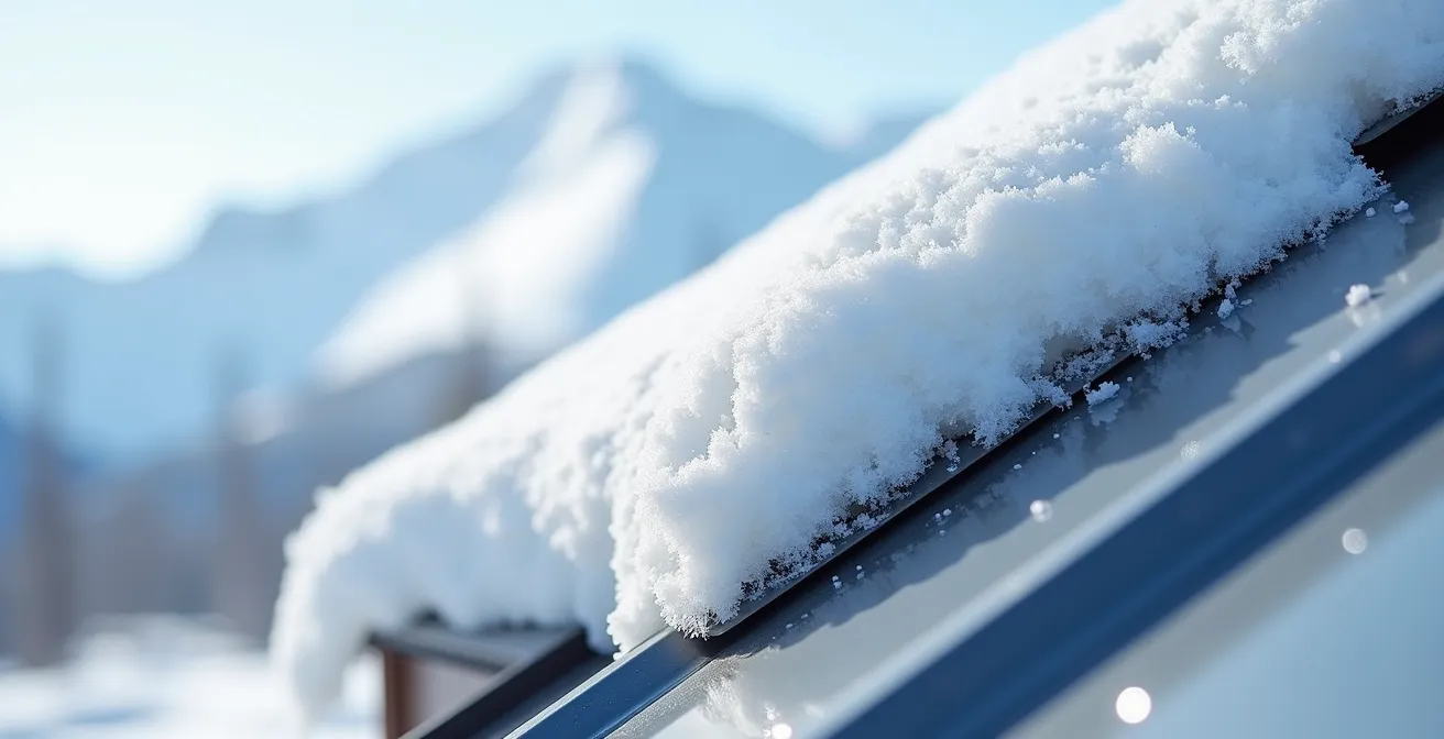 Close-up of snow sliding off steep metal roof with ice dam prevention features