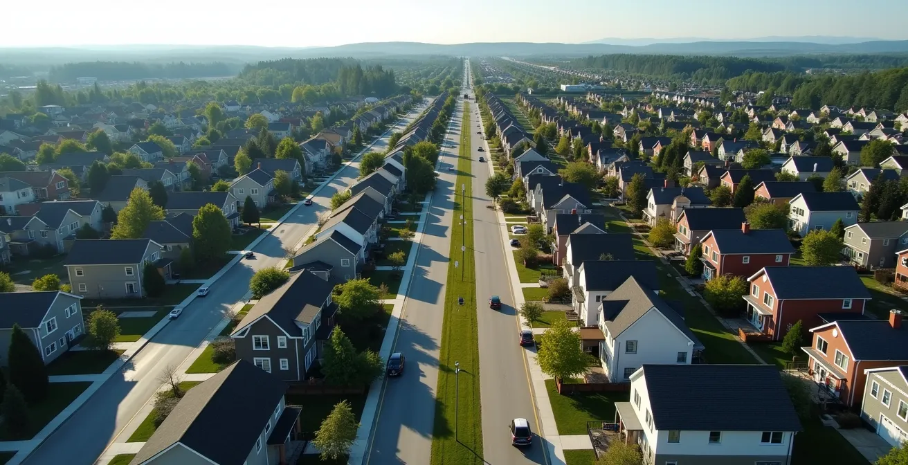 Aerial view contrasting sprawling suburban development with dense urban neighborhood featuring renovated heritage buildings