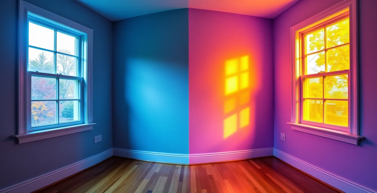 Split screen showing thermal camera view revealing heat loss patterns in Canadian home walls and windows