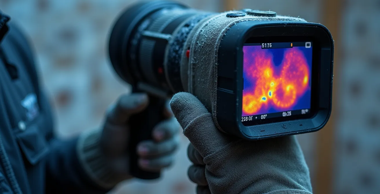 Thermal imaging camera revealing heat loss patterns through wall studs in Canadian home