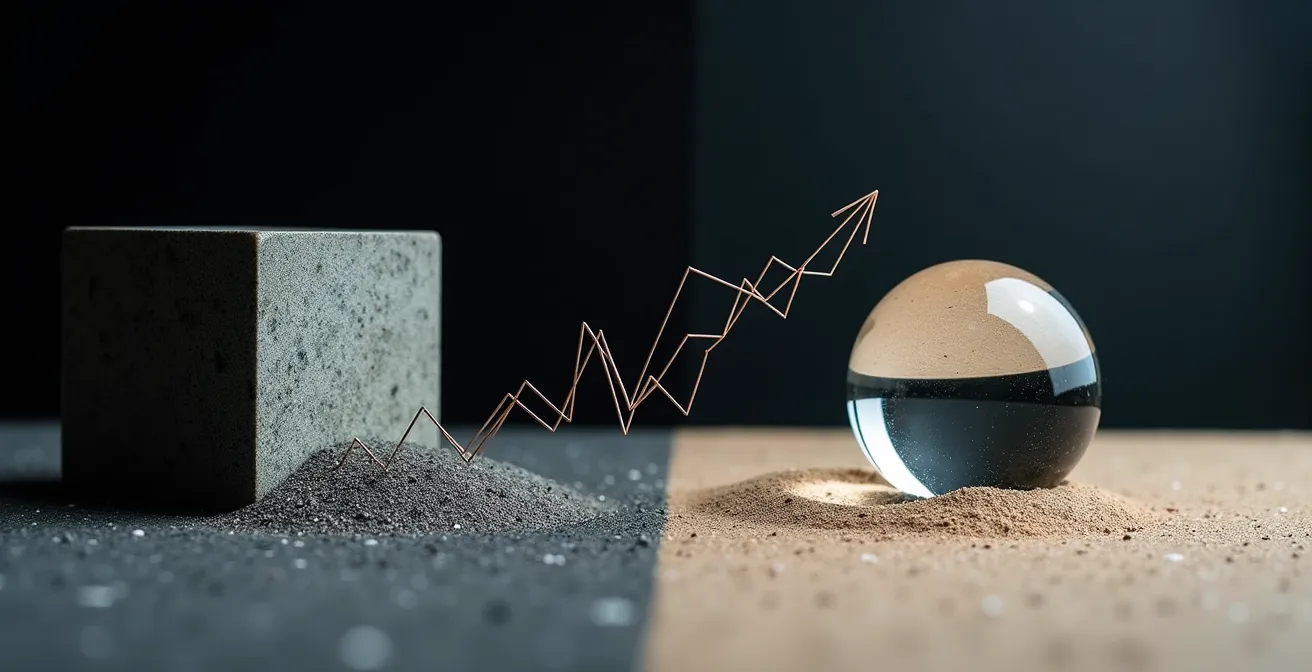 A visual metaphor showing the stable granite foundation of the Toronto core versus the delicate glass spheres of volatile suburban markets.