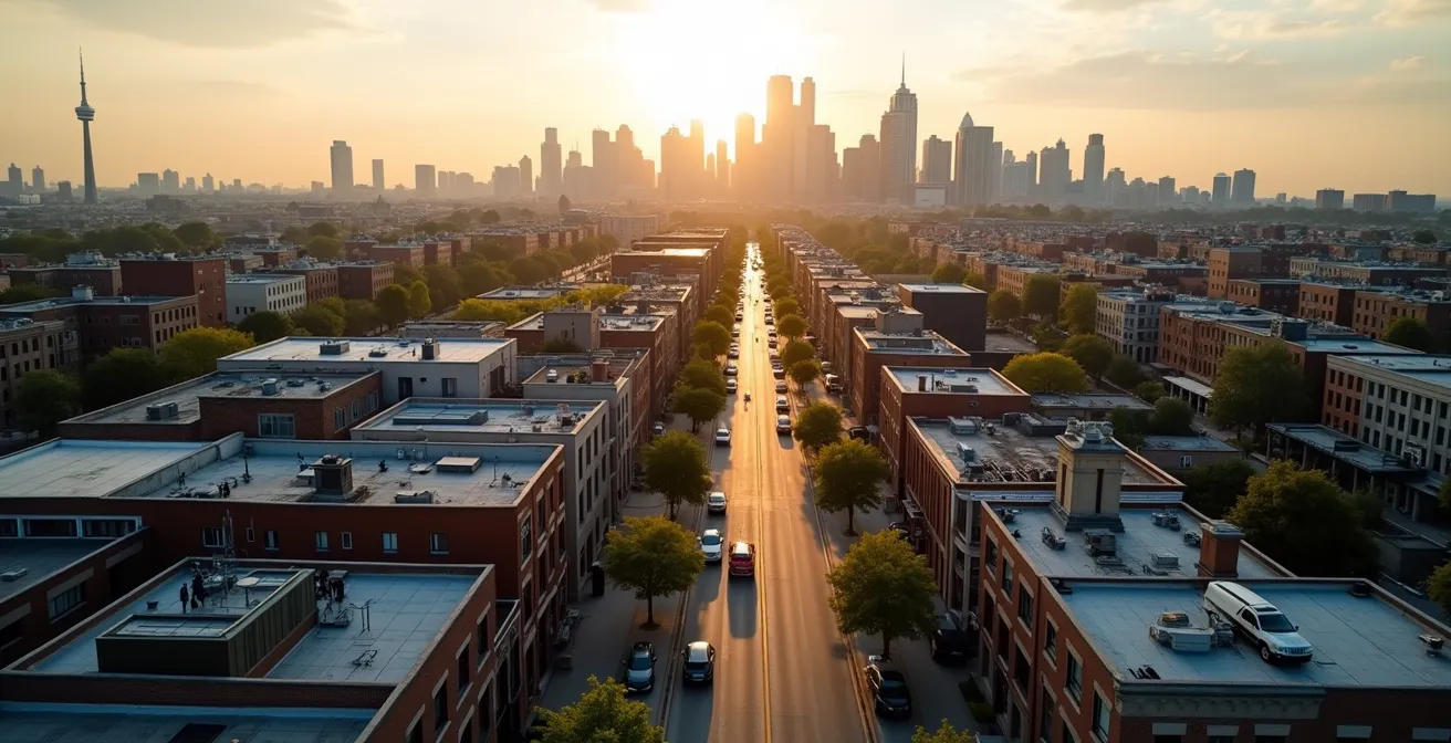 Aerial view of Toronto Queen West neighborhood showing architectural diversity and street-level urban differences