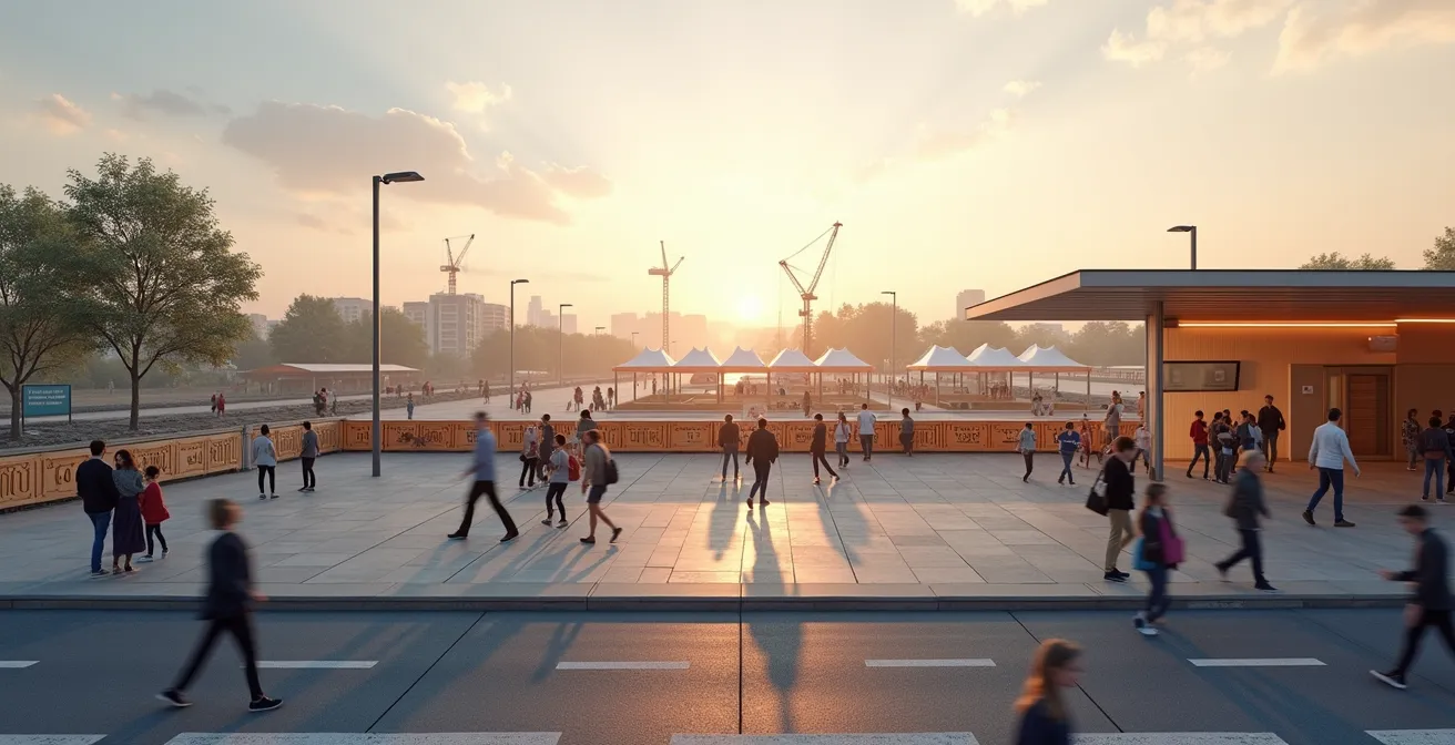 Time-lapse style composition showing three phases of transit development from announcement to opening