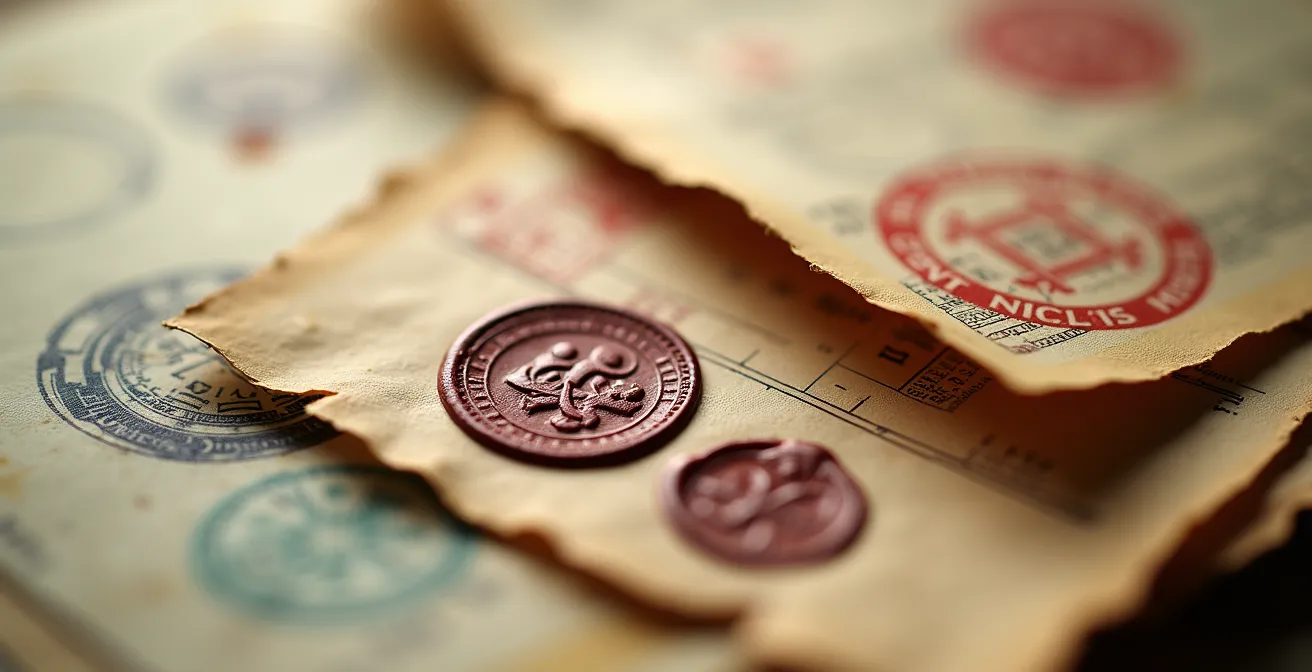 Close-up macro photograph of aged legal documents with official stamps