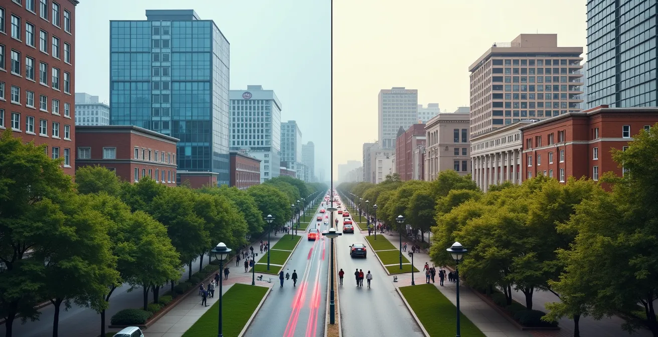 Split-screen aerial view contrasting university campus and hospital complex neighborhoods