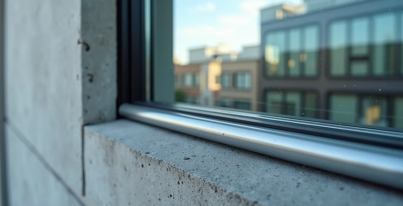 Modern concrete building with triple-glazed windows and sound barrier features