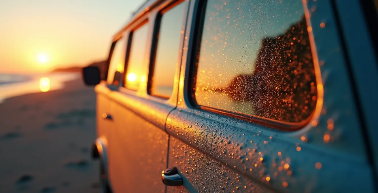 Van parked at scenic overlook with sunrise over Gulf of St. Lawrence