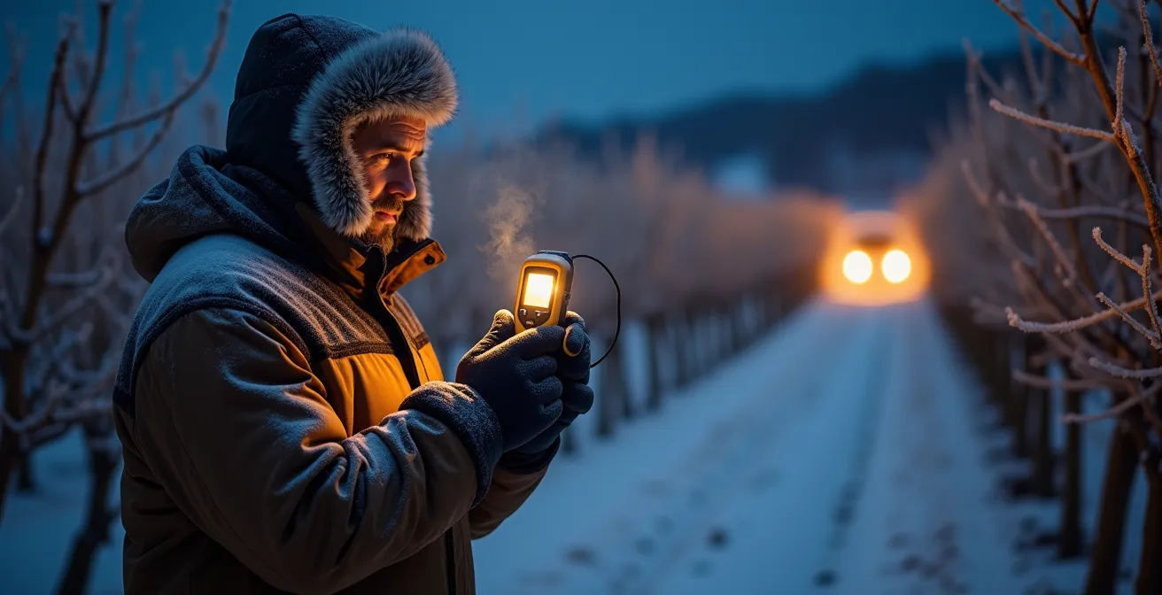 VQA inspector checking temperature readings in frozen Canadian vineyard