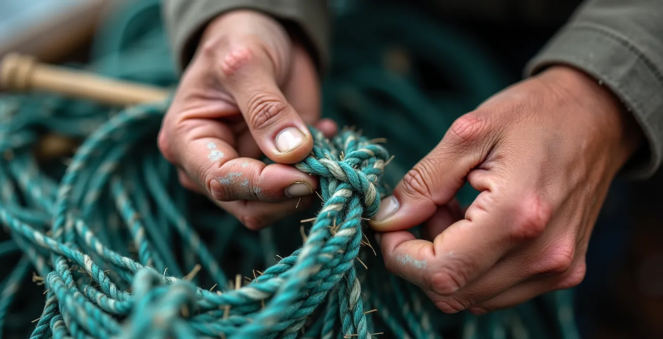 Close-up of weathered hands skillfully mending fishing nets