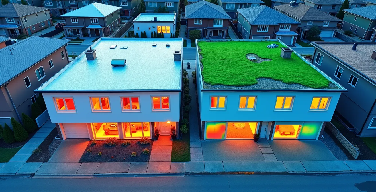 Split thermal image showing temperature difference between white reflective roof and green roof on identical buildings