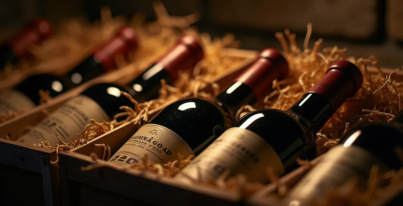 Wooden wine crates with exclusive member bottles in a temperature-controlled cellar, suggesting exclusivity.