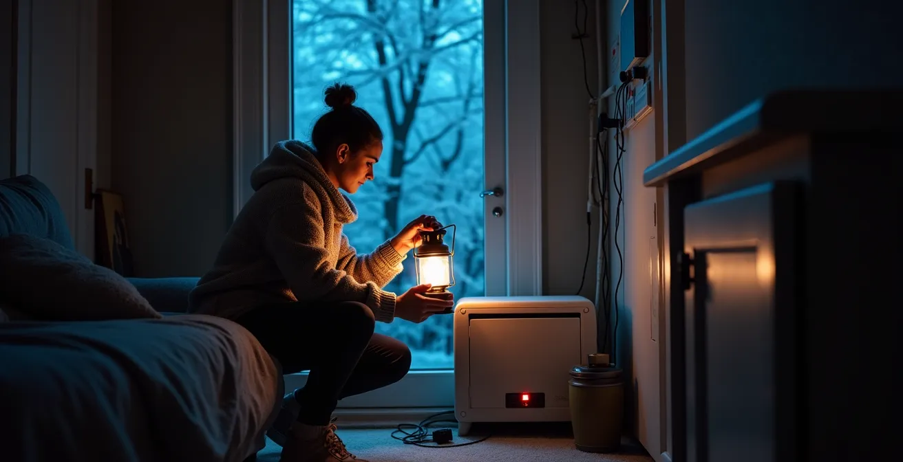 Canadian home interior during power outage with emergency battery backup system powering essential circuits while ice storm rages outside