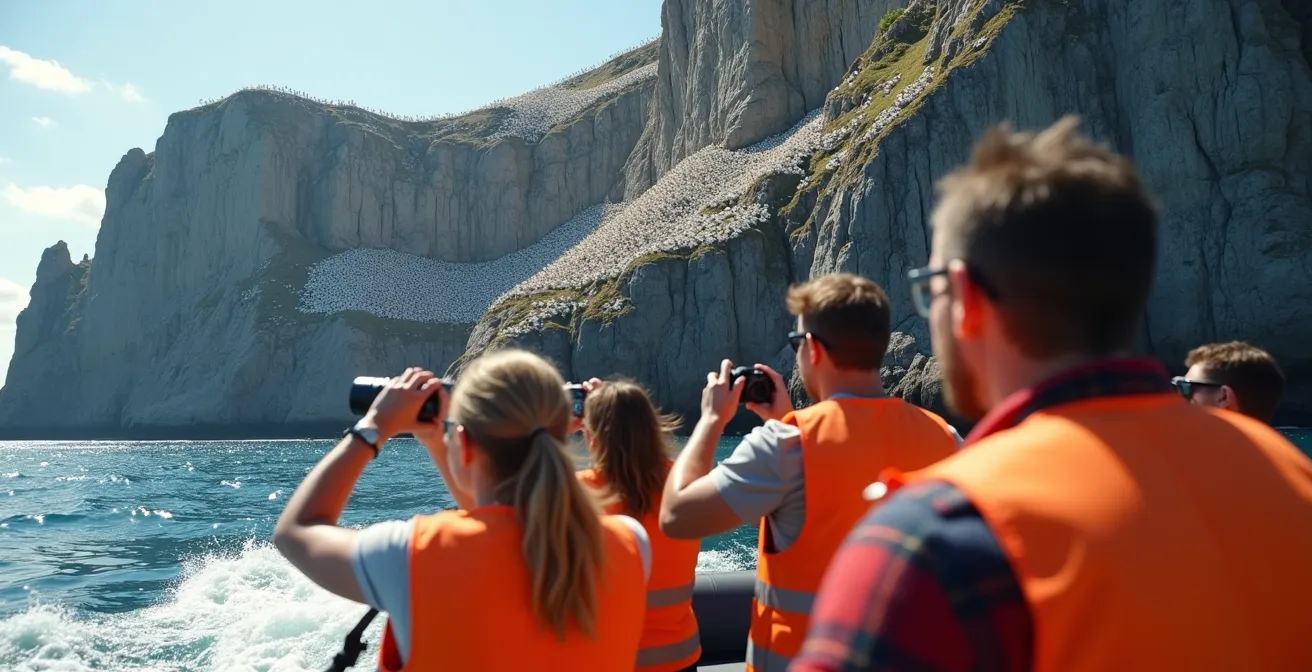 Low-angle view from zodiac boat approaching dramatic cliffs with thousands of white gannets